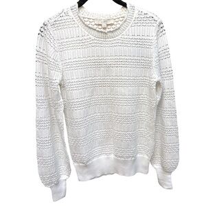 LOFT White Textured Scalloped Crew Neck Crocheted Sweater Small NWT
